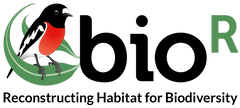 Logo with a bird illustration and 'bio' text, representing habitat reconstruction for biodiversity.