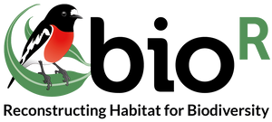 Logo with a bird illustration and 'bio' text, representing habitat reconstruction for biodiversity.