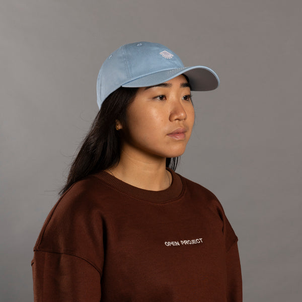 Person wearing a blue cap and brown 'Open Project' shirt against a gray background