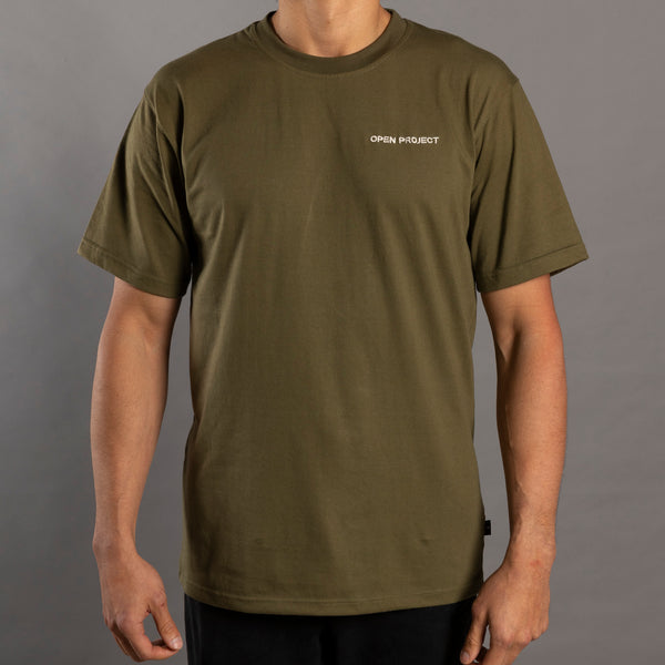 Person wearing a green t-shirt with 'Open Project' logo on a gray background
