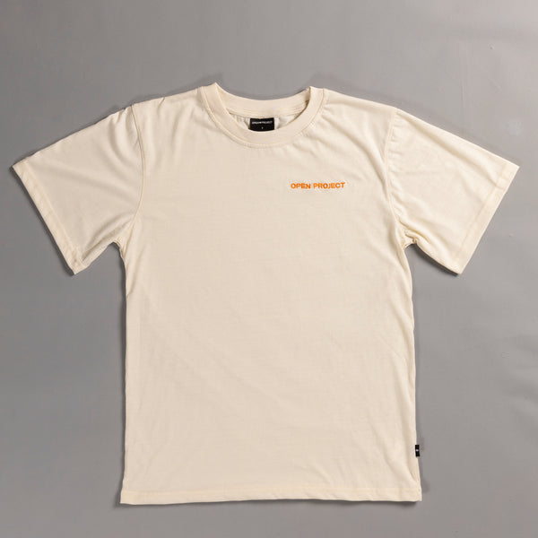 Beige t-shirt with 'OPEN PROJECT' text on a gray background