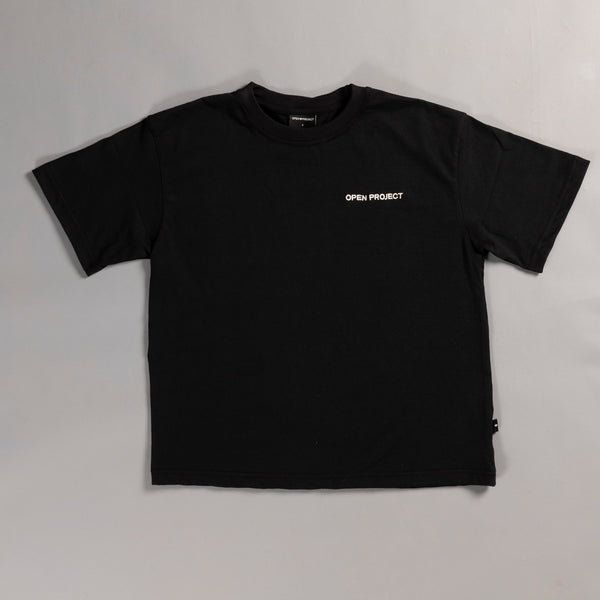 Black t-shirt with 'Open Project' logo on a light gray background