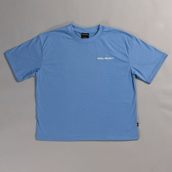 Blue t-shirt with 'Open Project' text on a gray background