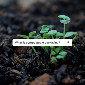 Small green plants emerging from soil with a search bar overlay asking 'What is compostable packaging?'