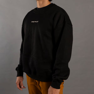 Person wearing a black sweatshirt with 'Open Project' logo on a gray background