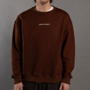 Person wearing a brown sweatshirt with 'OPEN PROJECT' logo on a gray background