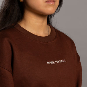 Brown sweatshirt with 'OPEN PROJECT' text on a gray background