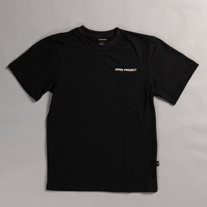 Black t-shirt with 'Open Project' logo on a gray background