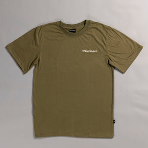 Olive green t-shirt with 'Open Project' logo on a light gray background