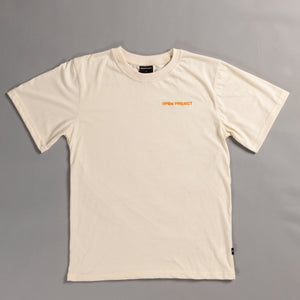 Beige t-shirt with 'OPEN PROJECT' text on a gray background