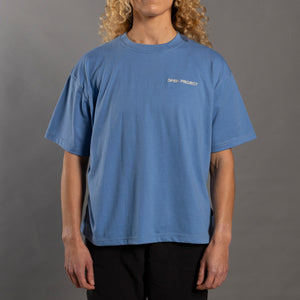 Person wearing a blue t-shirt with a logo on a gray background