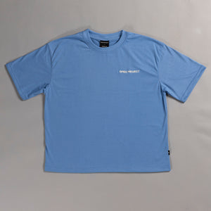 Blue t-shirt with 'Open Project' text on a gray background